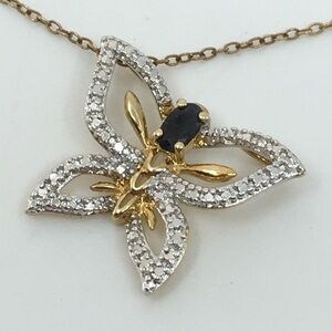 18K Gold Over .925 Silver Sapphire And Diamond Butterfly Necklace Signed